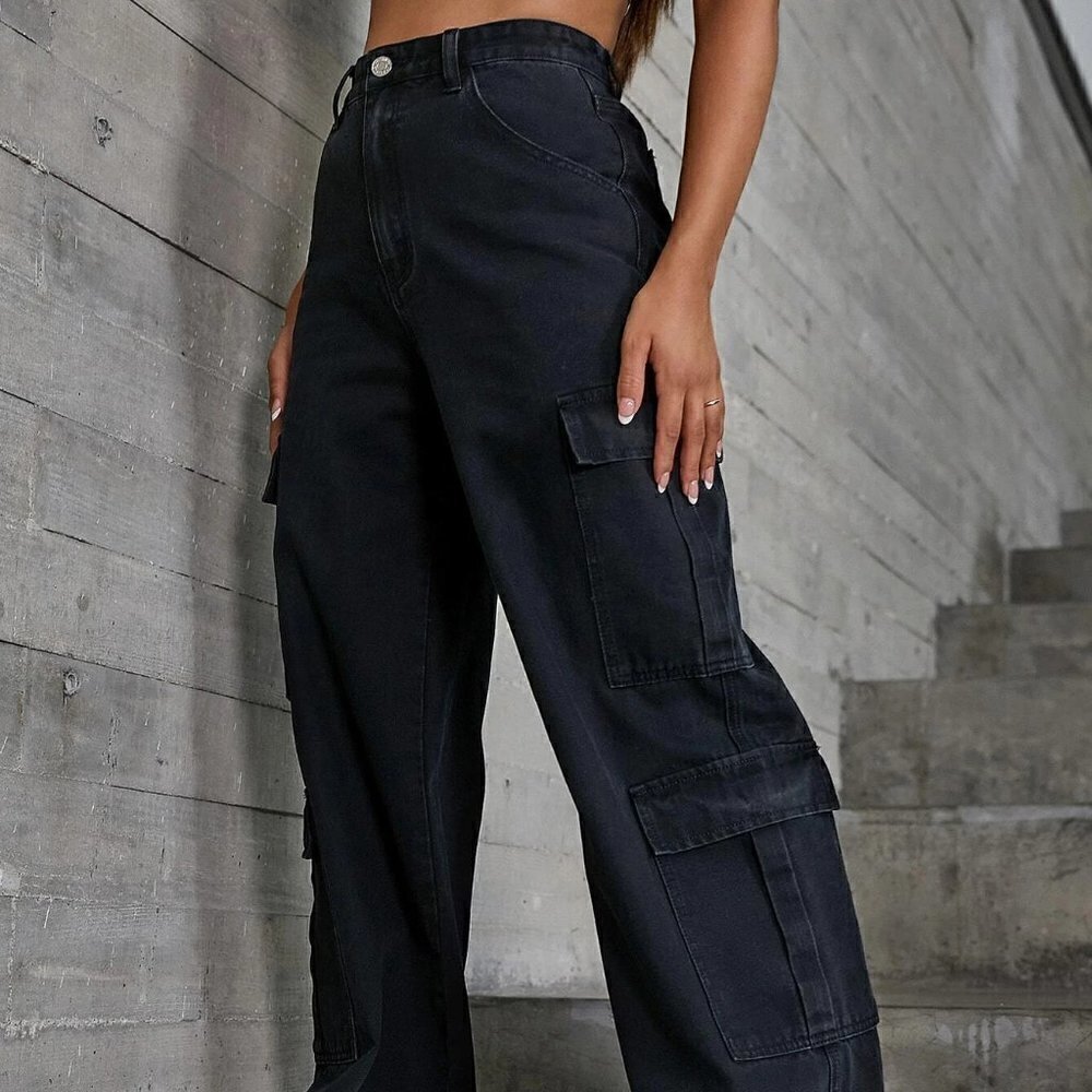 Black Casual Womens Zipper Fly Flap Pocket Boyfriend Jeans - Picture 4 of 5